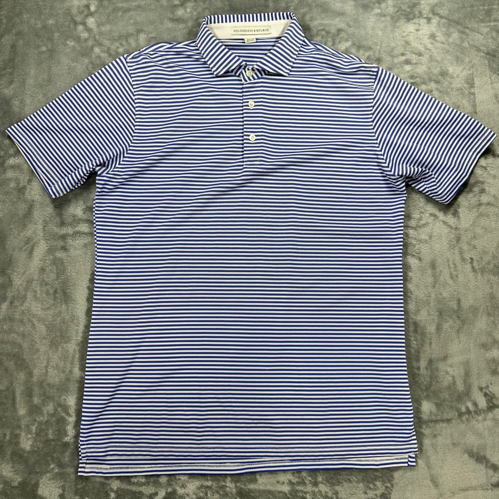 Holderness & Bourne Mens Tailored Fit Blue White Striped Golf Polo Shirt Large